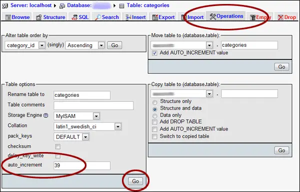 resetting the mysql auto increment value with phpmyadmin