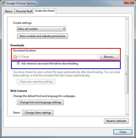 Change the download location and prompt in Google Chrome