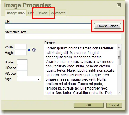 removing the upload tab and browse server button in the fckeditor image properties dialog