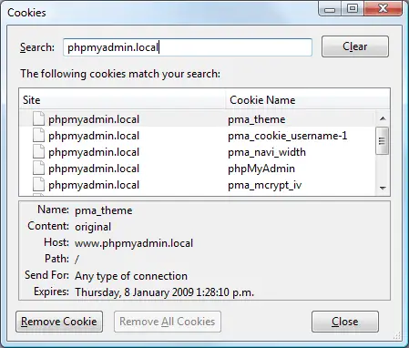 viewing cookies for the current website in firefox