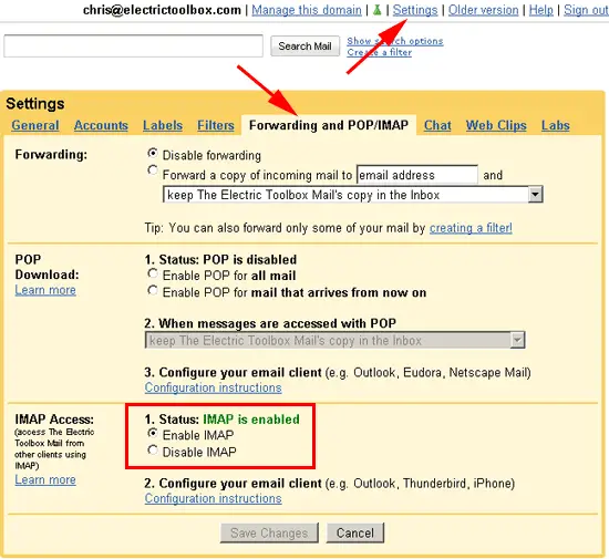 gmail settings - enable imap