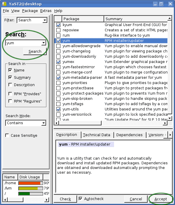 installing yum using yast