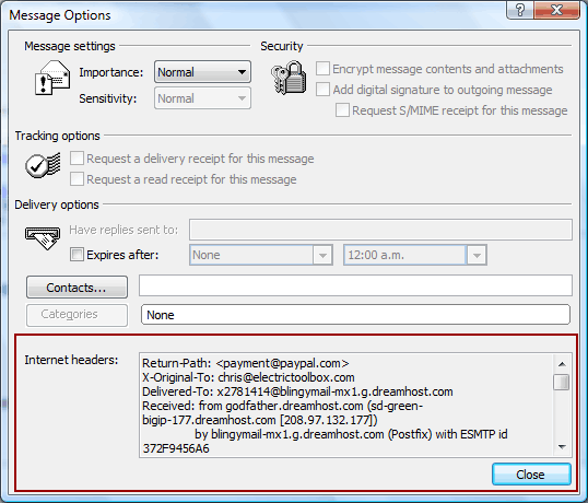 viewing the message headers in outlook 2007