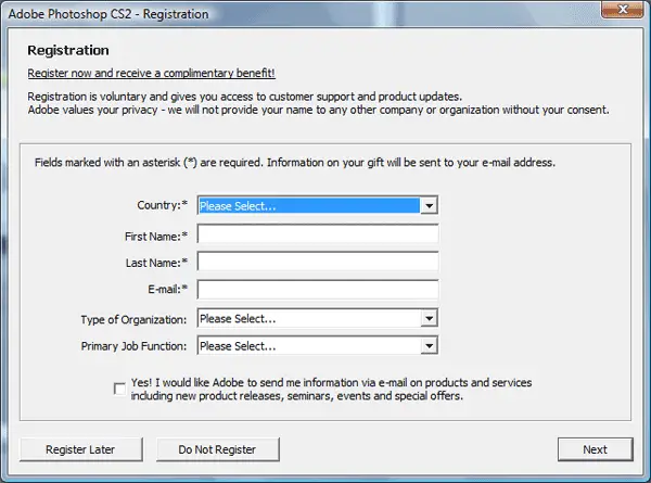 photoshop cs2 registration screen