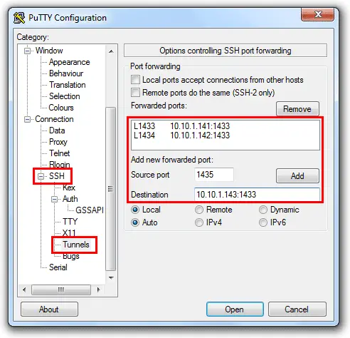 creating an ssh tunnel with putty