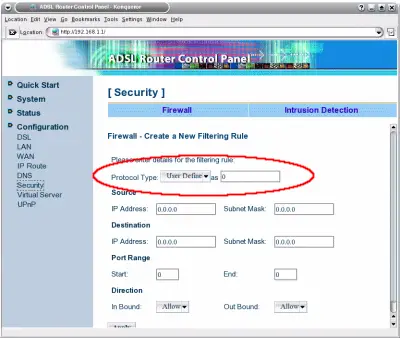 Add
a new firewall settings on a Dynalink RTA220 ADSL router