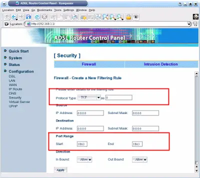 Opening
MSN and ICQ ports on a RTA220 firewall