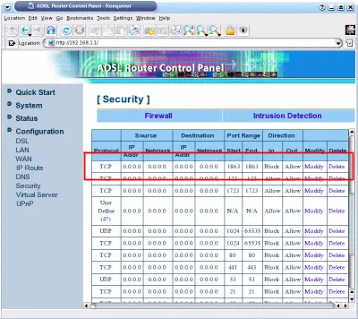 List of current firewall settings showing the port opening for MSN
Messenger