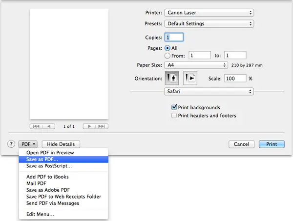 exporting as a pdf from the print dialog in safari