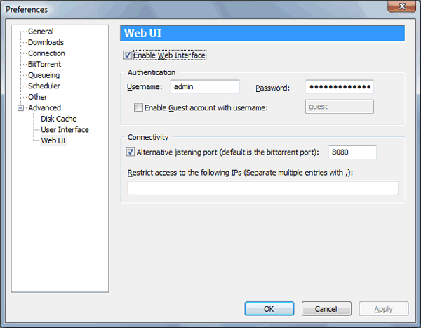 enable the web interface in utorrent options screen