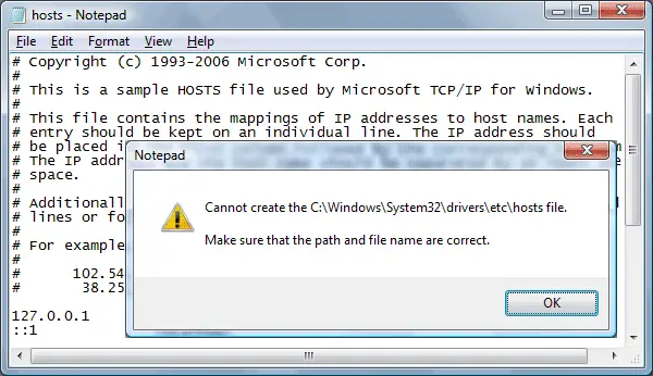 cannot create hosts file error