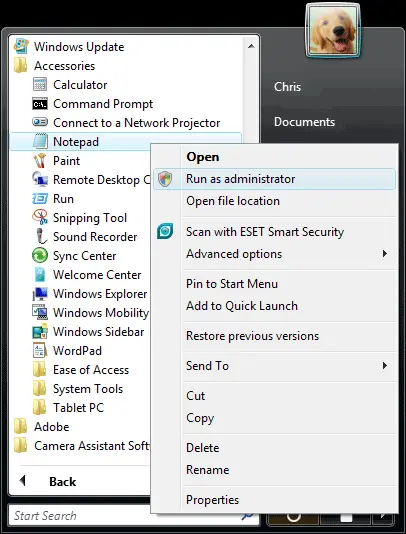 running notepad as administrator