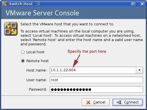 vmware server console login screen with port selected